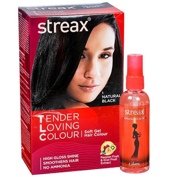 Streax Tender Loving Colour Soft Gel Hair Colour 1 Natural Black(FreeStreaxPerfmdBodyMistGlam 100ml) (50 g + 75 ml + 20 ml + 25 ml)