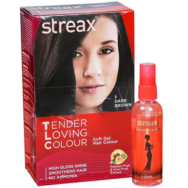 Streax Tender Loving Colour Soft Gel Hair Colour 3 Dark Brown (Free Streax PerfumdBodyMistGlam100ml) (50 g + 75 ml + 20 ml + 25 ml)