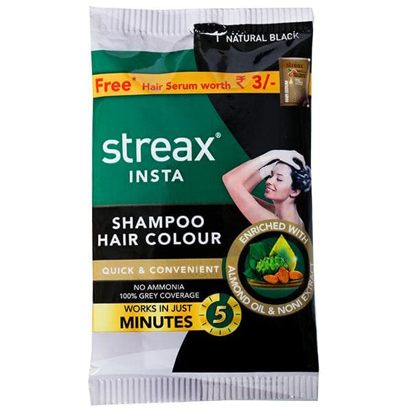 Streax Insta Shampoo Hair Colour 1 Natural Black (Free Hair Serum 1.7 ml) (7.5 ml + 7.5 ml)