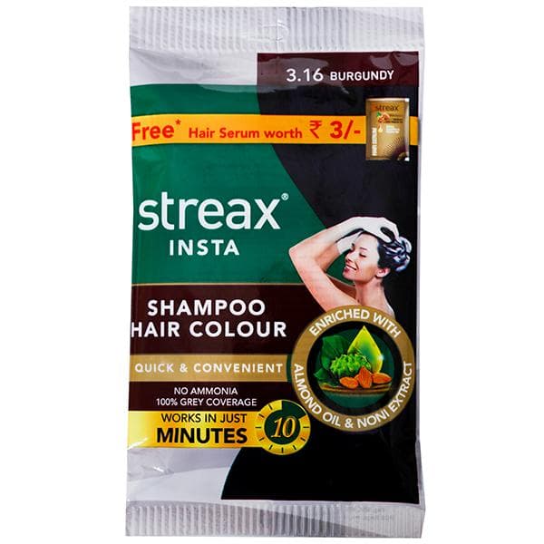Streax Insta Shampoo Hair Colour 3.16 Burgundy (Free Hair Serum 1.7 ml) (7.5 ml + 7.5 ml)