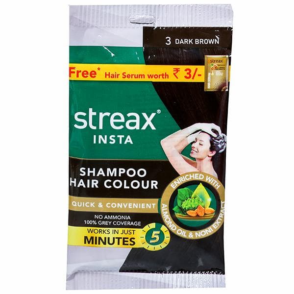 Streax Insta Shampoo Hair Colour 3 Dark Brown (Free Streax Hair Serum 1.7 ml) (7.5 ml + 7.5 ml)