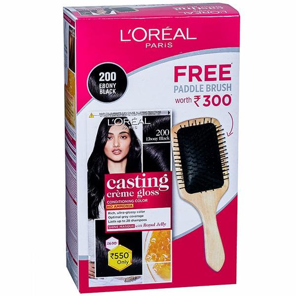 Loreal Paris Casting Creme Gloss Conditioning Hair Color 200 Ebony Black (Free Paddle Brush) (87.5 g + 72 ml)