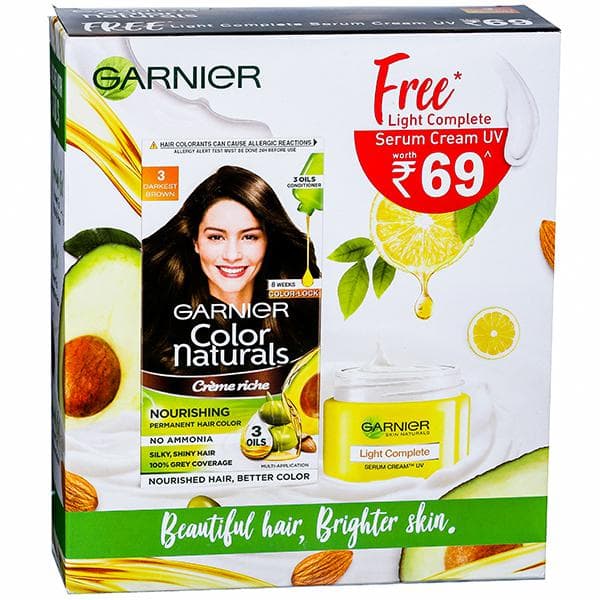 Garnier Color Naturals Creme Riche Nourishing Hair Color 3 Darkest Brown (Free Serum Cream UV 23 g) 70 ml + 60 g
