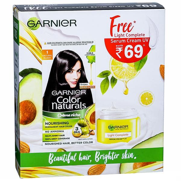 Garnier Color Naturals Creme Riche Nourishing Hair Color 1 Natural Black (Free Serum Cream UV 23 g) 70 ml + 60 g