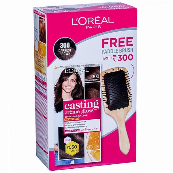 Loreal Paris Casting Creme Gloss Conditioning Hair Color 300 Darkest Brown (Free Paddle Brush) (87.5 g + 72 ml)
