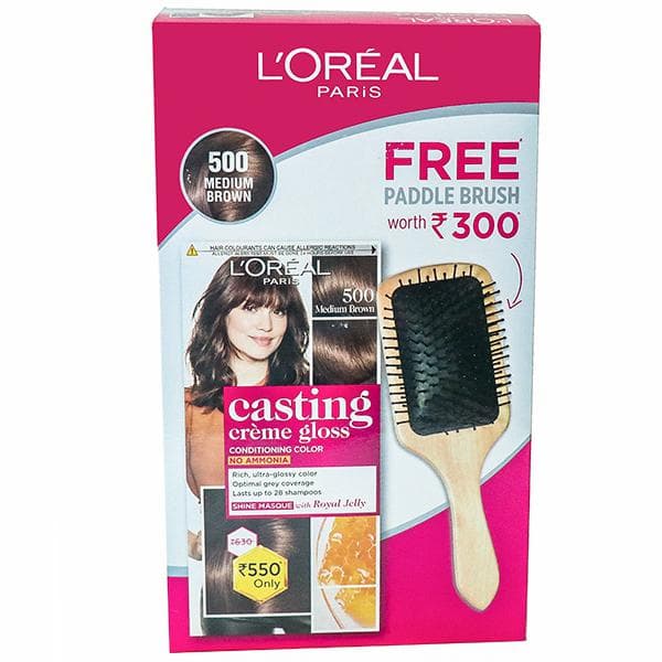 Loreal Paris Casting Creme Gloss Conditioning Hair Color 500 Medium Brown (Free Paddle Brush) (87.5 g + 72 ml)