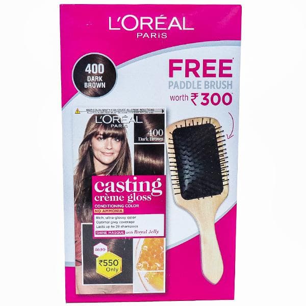 Loreal Paris Casting Creme Gloss Conditioning Hair Color 400 Dark Brown (Free Paddle Brush) (87.5 g + 72 ml)