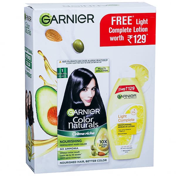 Garnier Color Naturals Creme Riche Nourishing Hair Color 1NaturalBlack(FreeGarnierLightLotion125ml) 70 ml + 60 g