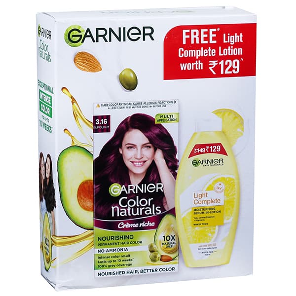 Garnier Color Naturals Creme Riche Nourishing Hair Color 3.16 Burgundy(FreeLightCompleteLotion125ml) 70 ml + 60 g