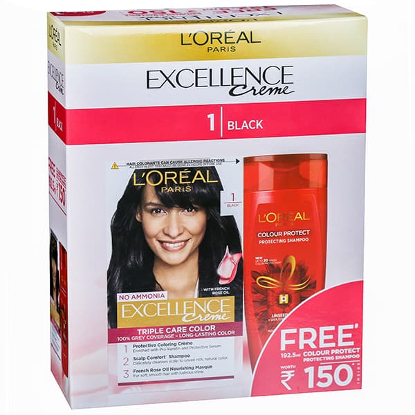Loreal Paris Excellence Creme Hair Colour 1 Black (Free Loreal Paris Colour Protect Sahmpoo 192.5ml) (100 g + 72 ml)