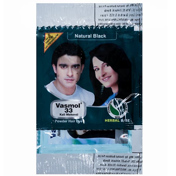 Vasmol 33 Kali Mehendi Powder Hair Dye Natural Black (with Vasmol Hair Care Shampoo 4 ml) 4 g
