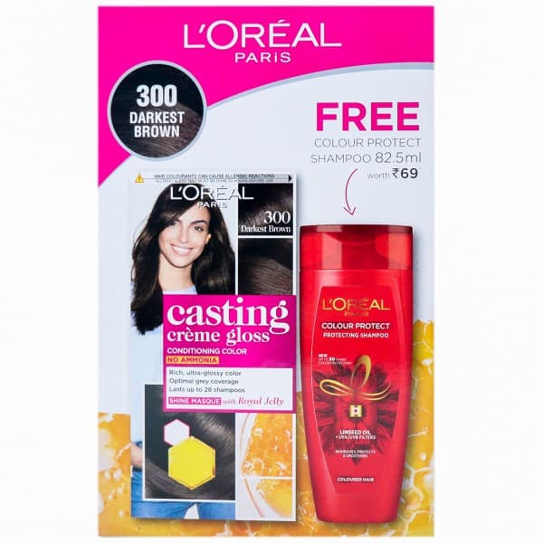 Loreal Paris Casting Creme GlossConditioningHairColor300DarkestBrown(FreeColourProtectShampoo82.5ml) (87.5 g + 72 ml)