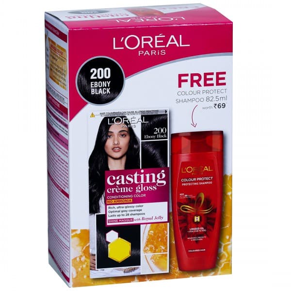 Loreal Paris Casting Creme Gloss Conditioning HairColor200EbonyBlack(FreeColourProtectShampoo82.5ml) (87.5 g + 72 ml)