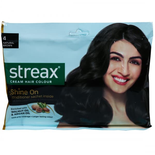 Streax Cream Hair Colour 4 Natural Brown (20 g + 20 ml + 5 g)