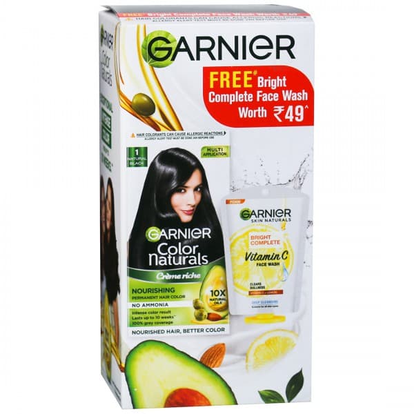 Garnier Color Naturals Creme Riche Nourishing Hair Color 1 Natural Black (Free Bright Face Wash 25g) (70 ml + 60 g)