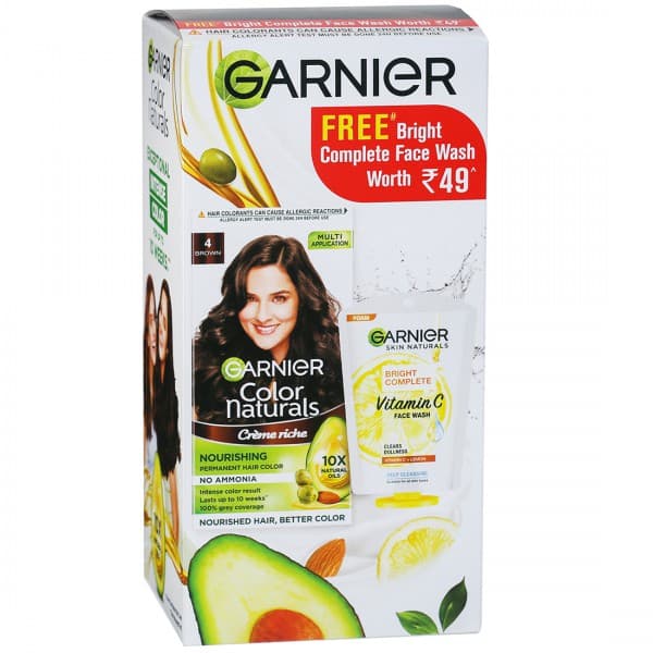 Garnier Color Naturals Creme Riche Nourishing Hair Color 4 Brown (Free Bright Complete FaceWash 25g) ( 70 ml + 60 g)