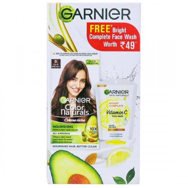 Garnier Color Naturals Creme Riche Nourishing Hair Color 5 Light Brown (Free Bright Face Wash25 g) (70 ml + 60 g)