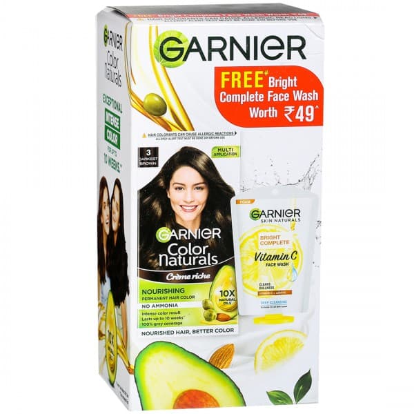 Garnier Color Naturals Creme Riche Nourishing Hair Color 3 Darkest Brown (Free Complete FaceWash25g) (70 ml + 60 g)
