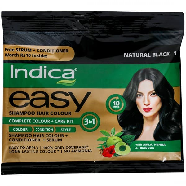 Indica Easy 10 Minutes Shampoo Based Hair Colour 1 Natural Black (Free Serum 2.5 ml+Conditioner6ml) (12.5 ml + 12.5 ml)
