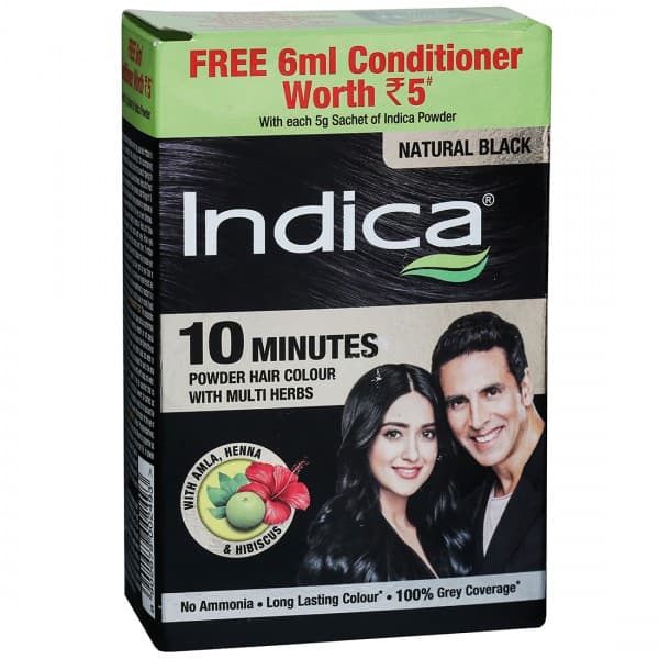 Indica 10 Minutes Hair Colour Powder with Multi Herbs Natural Black (Free Conditioner 8 x 6 ml) 8 x 5 g