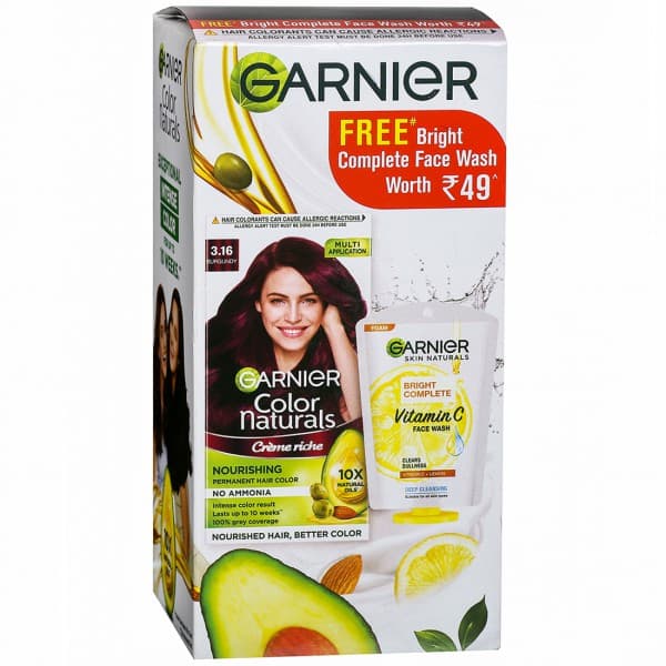 Garnier Color Naturals Creme Riche Nourishing Hair Color 3.16Burgundy(FreeBrightCompleteFaceWash25g) (70 ml + 60 g)