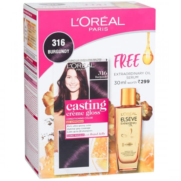 Loreal Paris Casting Creme Gloss Conditioning Hair Color 316 Burgundy(FreeExtraordinaryOilSerum30ml) (87.5 g + 72 ml)