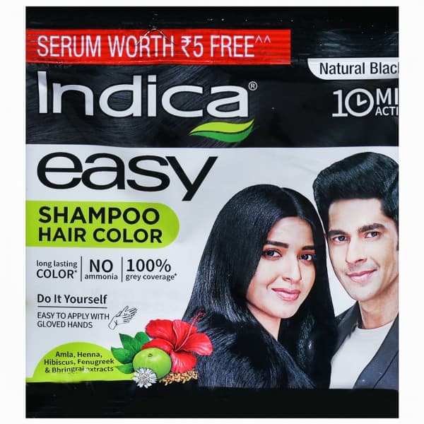 Indica Easy 10 Minutes Shampoo Based Hair Colour 1 Natural Black (Free Serum 2.5 ml) (9 ml + 9 ml)