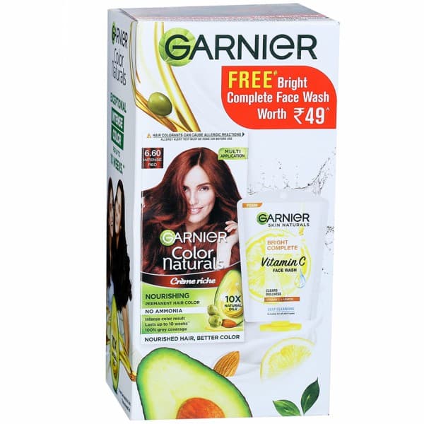 Garnier Color Naturals Creme Riche Nourishing Hair Color 6.60 Intense Red (Free Bright Face Wash25g) ( 70 ml + 60 g)