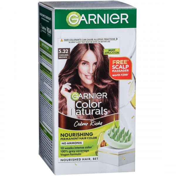 Garnier Color Naturals Creme Riche Nourishing Hair Color 5.32 Caramel Brown (Free Scalp Massager worth Rs. 299)( 70 ml + 60 g)