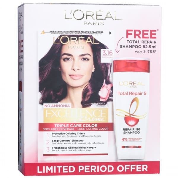 Loreal Paris Excellence Creme Hair Colour 3.16 Burgundy (Free Loreal Paris Total Repair 5 Shampoo 82.5 ml) (60 g + 60 ml + 12 ml + 40 g)