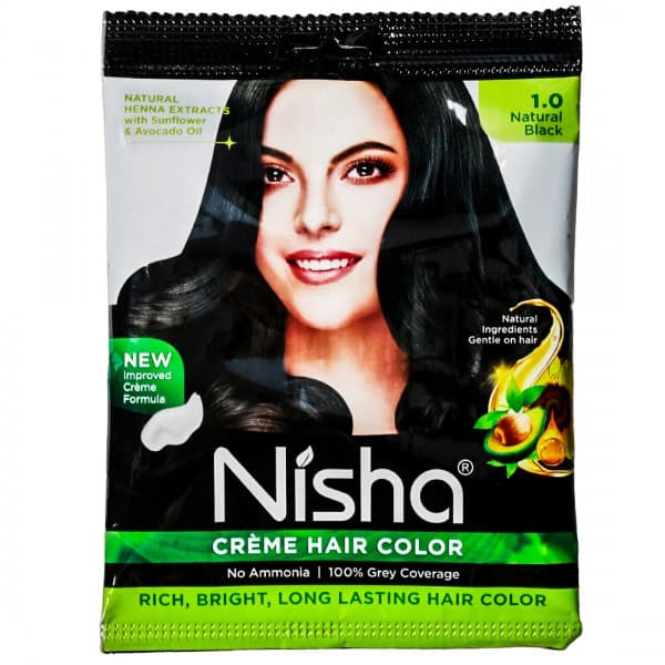 Nisha Creme Hair Color 1.0 Natural Black Pouch 20 g + 20 ml