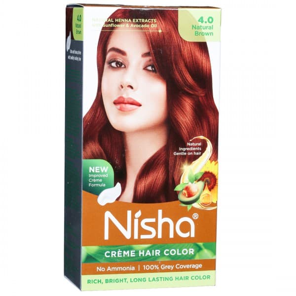 Nisha Creme Hair Color 4.0 Natural Brown Box 60 g + 60 ml + 6 ml