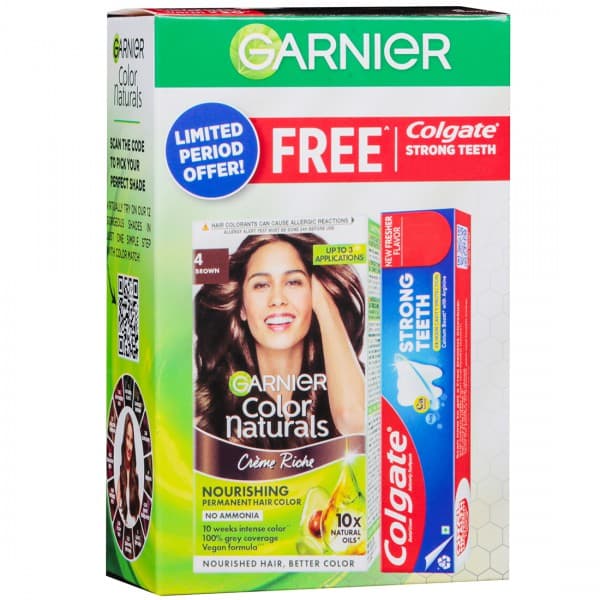 Garnier Color Naturals Creme Riche Nourishing Permanent Hair Color 4 Brown (Free Colgate Strong Teeth Toothpaste 40 g) (30 g + 30 ml + 5 ml)