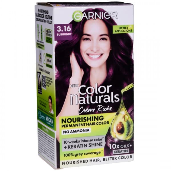 Garnier Color Naturals Creme Riche Nourishing Permanent Hair Color 3.16 Burgundy With 10X Oils + Keratin (30 g + 30 ml + 5 ml)