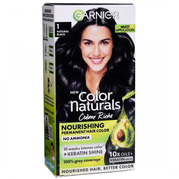 Garnier Color Naturals Creme Riche Nourishing Permanent Hair Color 1 Natural Black With 10X Oils + Keratin Serum (60 g + 60 ml + 5 ml + 5 ml)