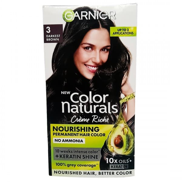 Garnier Color Naturals Creme Riche Nourishing Permanent Hair Color 3 Darkest Brown With 10X Oils + Keratin (30 g + 30 ml + 5 ml)