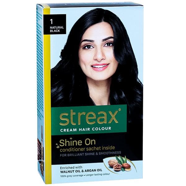 Streax Cream Hair Colour 1 Natural Black (50 g + 50 ml + 4 x 5 g)
