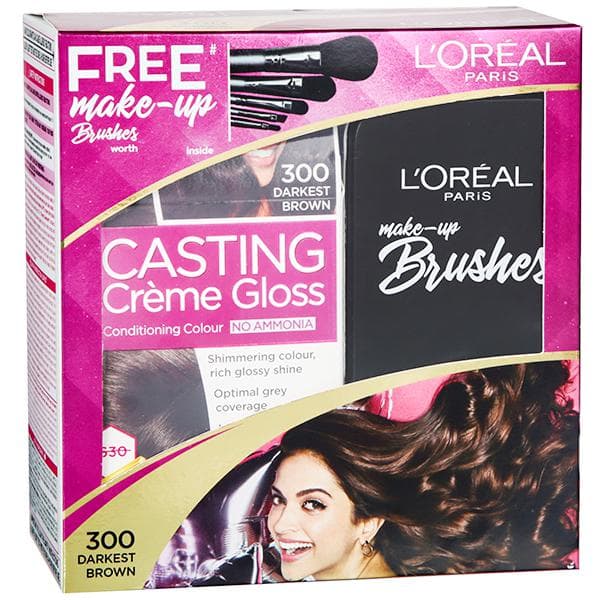 Loreal Paris Casting Creme Gloss Conditioning Hair Colour 300 Darkest Brown (Free Make Up Brush) (87.5 g + 72 ml)