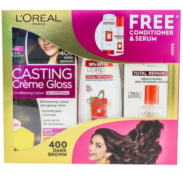 Loreal Paris Casting Creme Gloss Conditioning Hair Colour 400 Dark Brown (Free Cndr 71.5ml,Srm 40ml) (87.5 g + 72 ml)