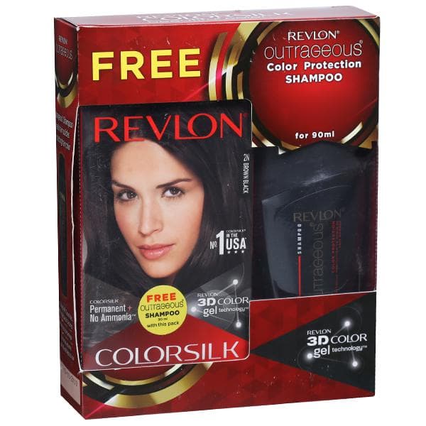 Revlon Colorsilk Hair Color Brown Black 2N (Free Revlon Outrageous Shampoo 90 ml) 40 ml