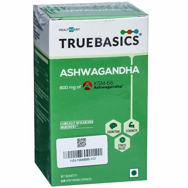 HealthKart Truebasics Ashwagandha 600 mg of KSM-66 Vegetarian 60 Capsules