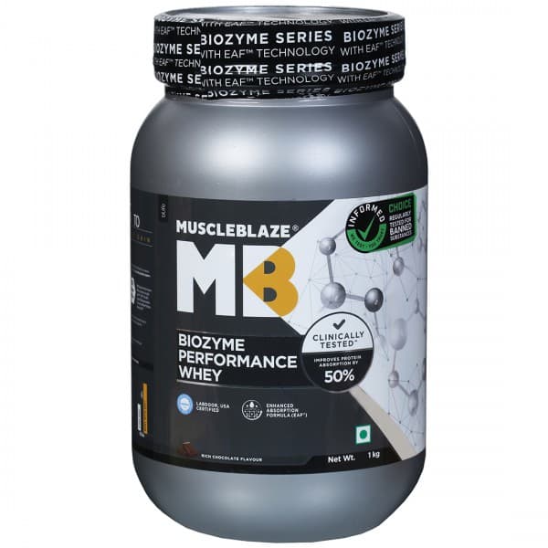 MuscleBlaze Biozyme Performance Whey Rich Chocolate Flavour Powder Jar 1 kg
