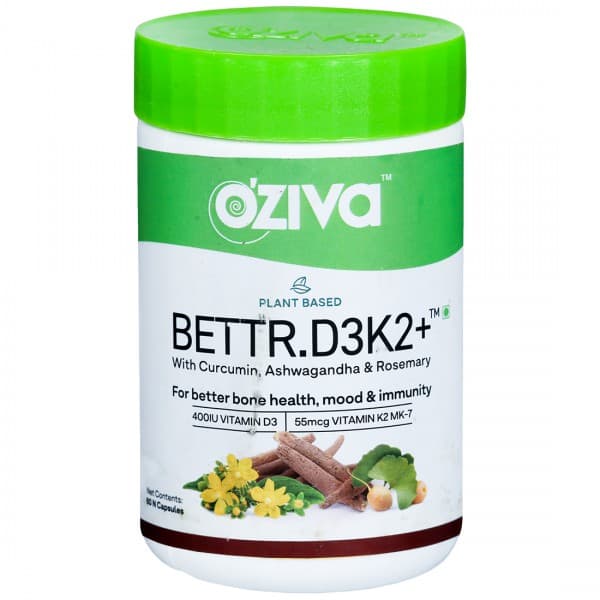 Oziva Plant Based Bettr D3K2+ with Curcumin, Ashwagandha, Rosemary 55mcg 60 Capsules