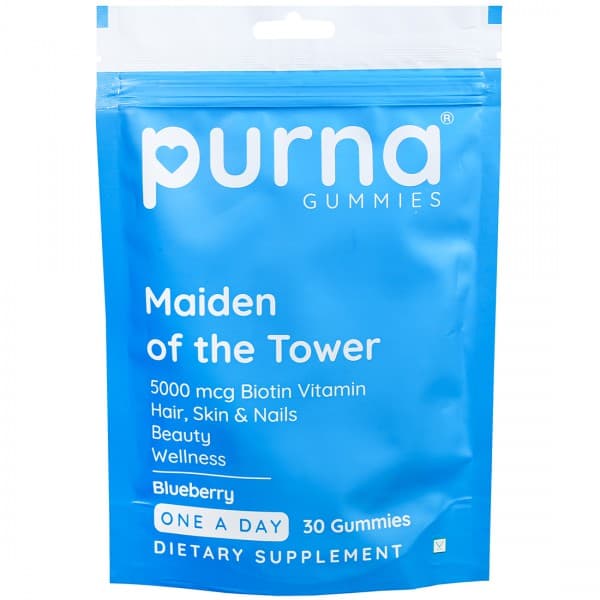 Purna Gummies Maiden of the Tower 5000 mcg Biotin Vitamin Blueberry Dietary Supplement 30 Gummies