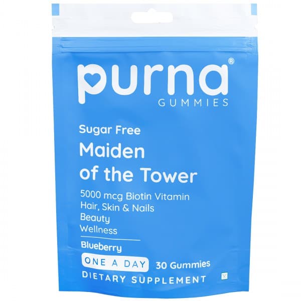 Purna Gummies Sugar Free Maiden of the Tower 5000 mcg Biotin Vitamin Blueberry Dietary Supplement 30 Gummies