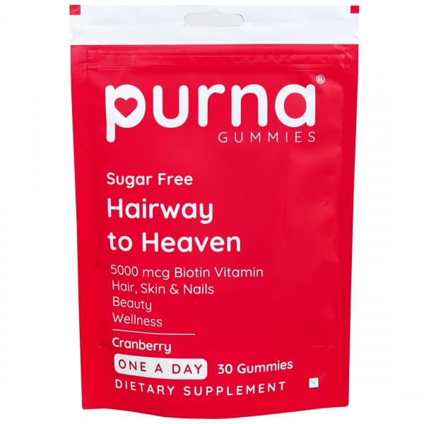 Purna Gummies Sugar Free Hairway to Heaven 5000 mcg Biotin Vitamin Cranberry Dietary Supplement 30 Gummies