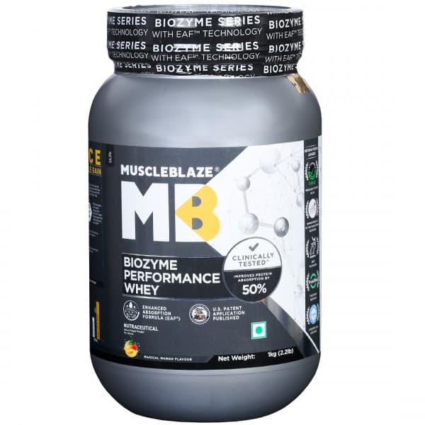 MuscleBlaze Biozyme Performance Whey Magical Mango Flavour Powder Jar 1 kg