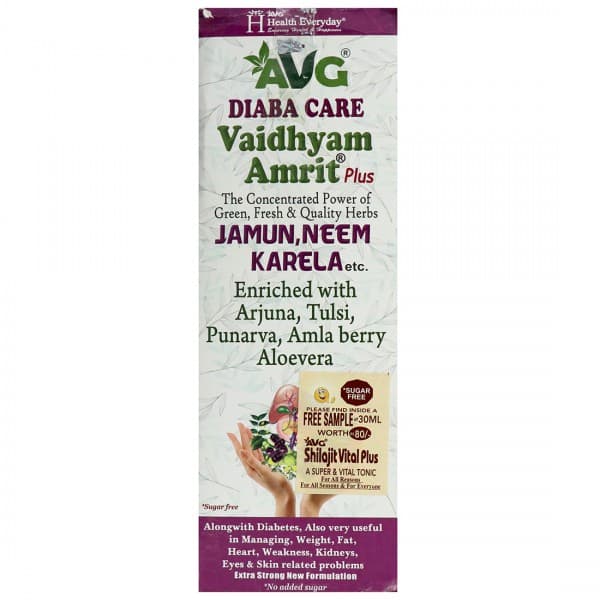 AVG Diaba Care Vaidhyam Amrit Plus Jamun Neem Karela Sugar Free Juice (Free AVG Shilajit Vital Plus 30 ml) 1000 ml