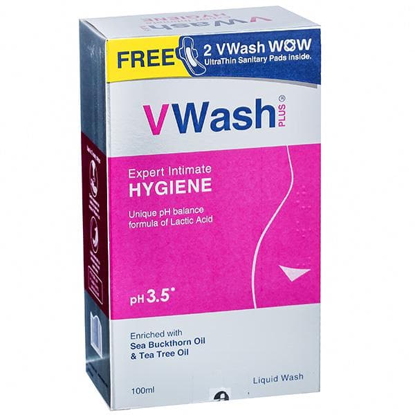 VWash Plus PH 3.5 Expert Intimate Hygiene Liquid Wash (Free 2 VWash WOW Ultrathin Sanitary Pads) 100 ml