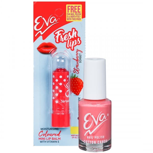 Eva Fresh Lips Moisturising Strawberry Coloured Mini Lip Balm with Vitamin E (Free EvaNailPolish6ml) 1.2 g
